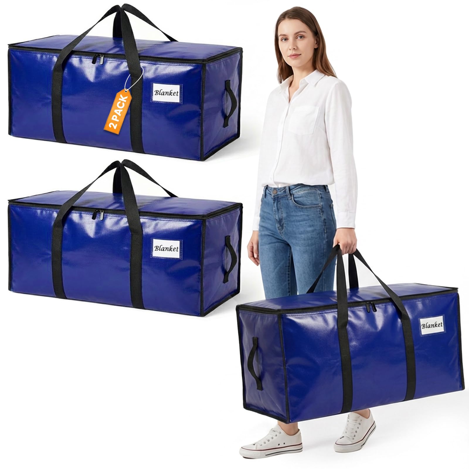 RICHER HOUSE 90L Heavy Duty Moving Boxes & Clothes Storage Bags, 2 Pack Large Moving Bags with Lid & Backpack Straps, Waterproof Packing Bags for College Dorm, Camping, Holiday Decor Storage, Blue