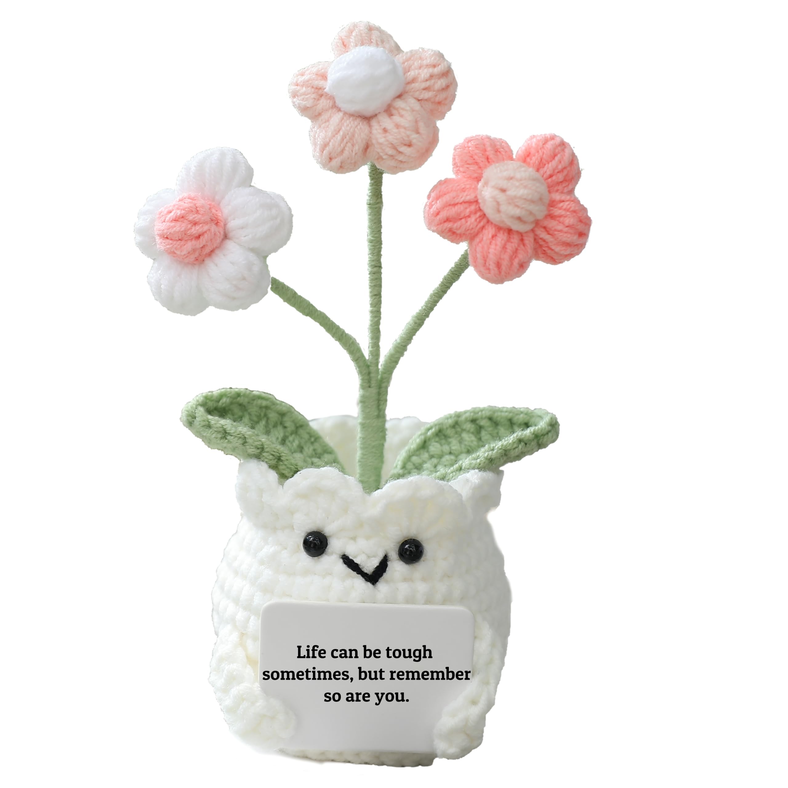 YOOJEE Mental Health Crochet Flower Pot, Positive Stress Relief Desk Decor with Card “Life Can Be Tough But So are You”, Handmade Emotional Support Gift