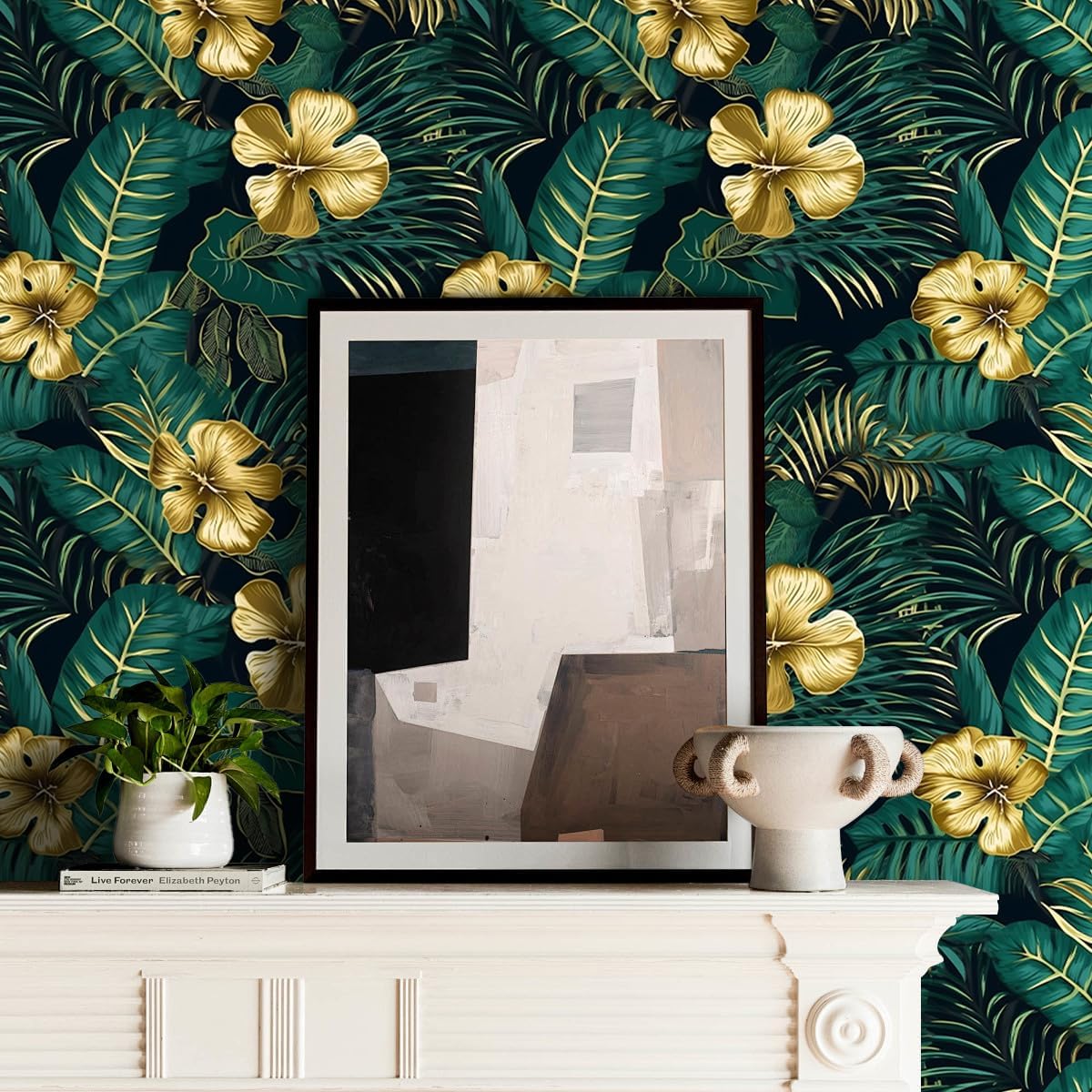Green Leaf Gold Flower Wallpaper 17.71" X 118.1" Green Plant Contact Paper Stick and Peel Vinyl Removable Self Adhesive Wall Paper for Living Room,Bathroom,Kitchen Backsplash, Cabinets