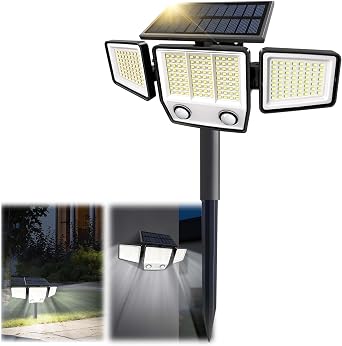 MDCMDCM Solar Motion Sensor Outdoor Lights Waterproof - 3000LM 3 Modes Security Lights Outdoor 270 Illumination IP65 LED Solar Flood Wall Light for Garden Yard Patio Pathway with Stakes, 1