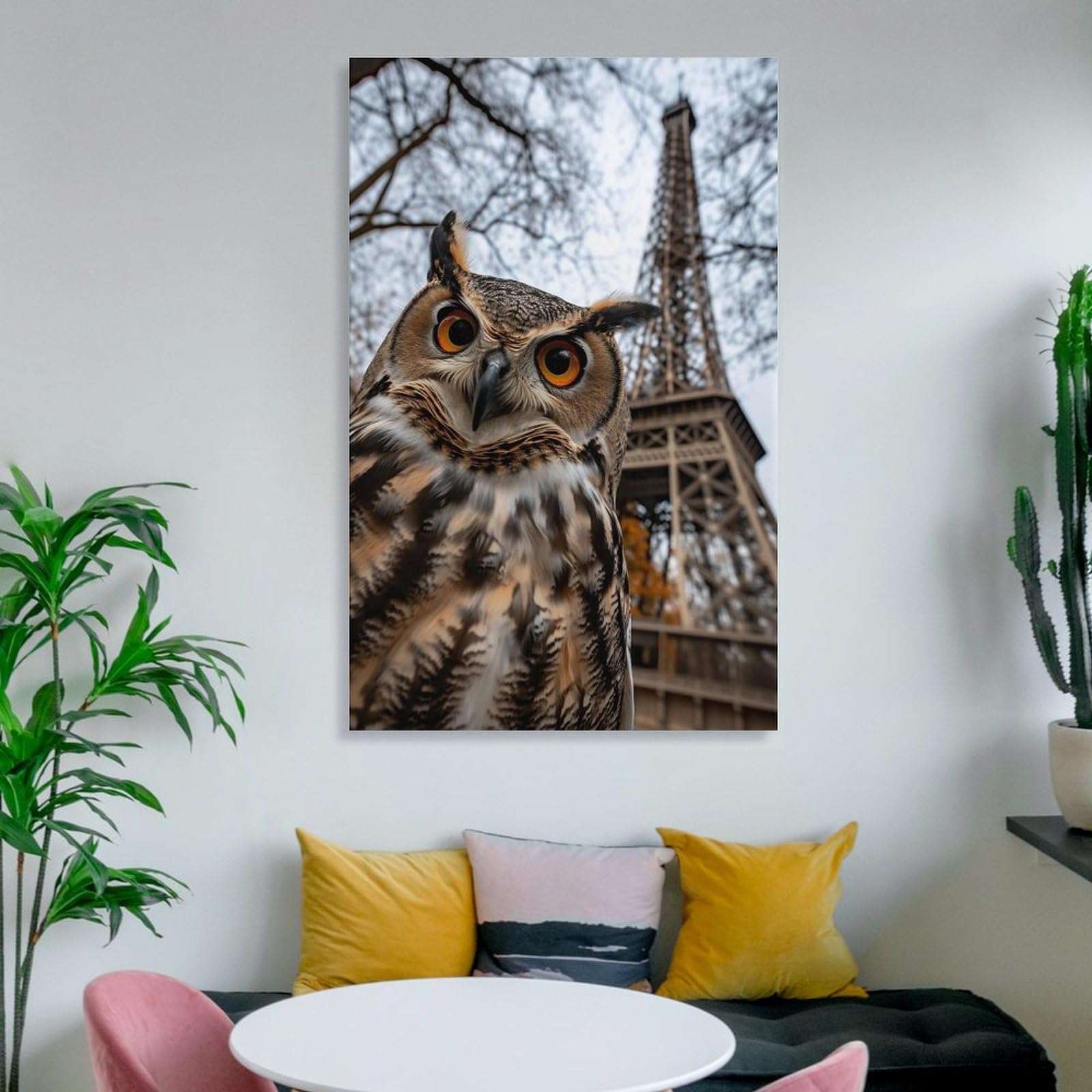 Amazon.co.jp: 絵画 エッフェル塔とフクロウの写真インテリア 絵画