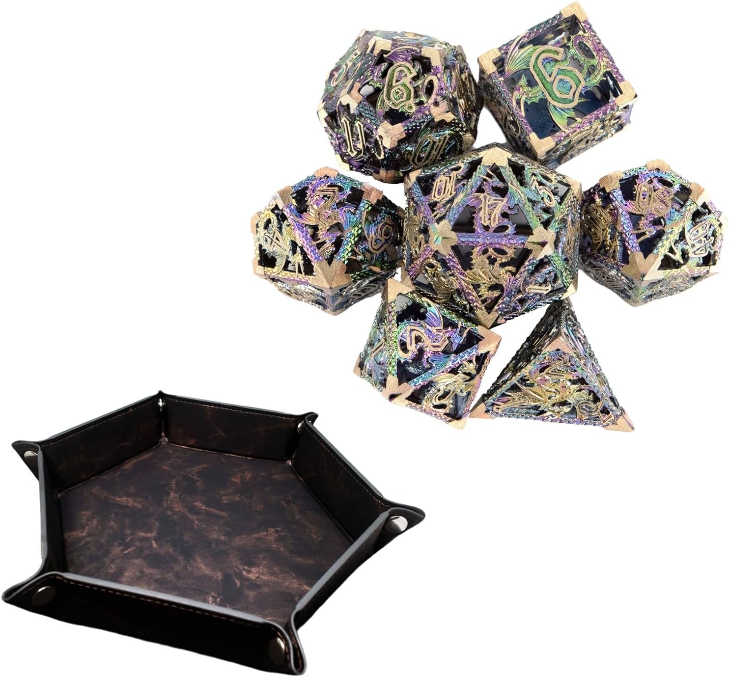 7-Piece Set of Colorful Dragon Metal Dice, Hollow Polyhedron, Compatible with Role-Playing RPG Board Game Card Game