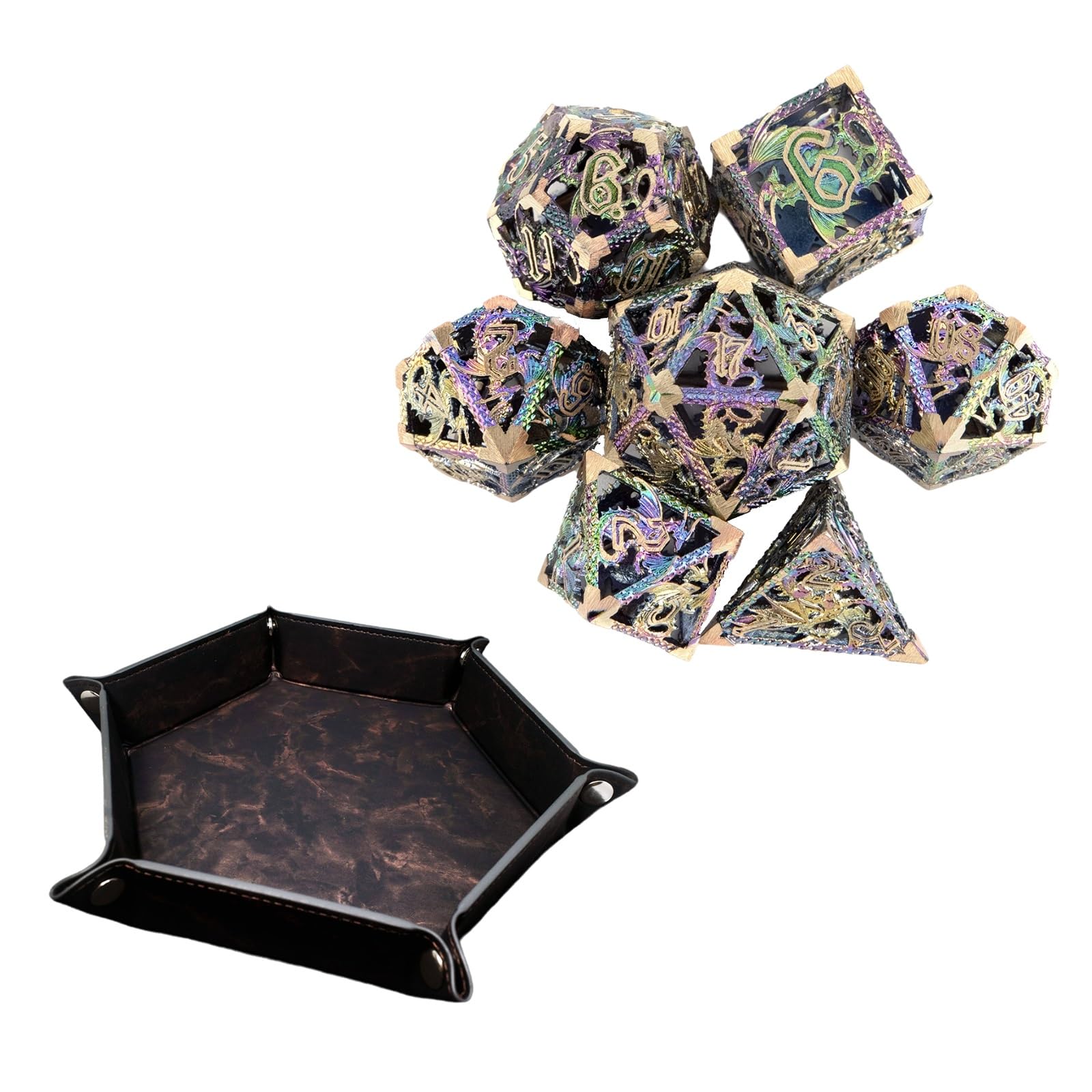 Ensemble de 7 Dés en Métal Colorés en Forme de Dragon, Polyèdres Creux, Compatibles avec Les Jeux de Rôle, Les Jeux de Plateau et Les Jeux de Cartes