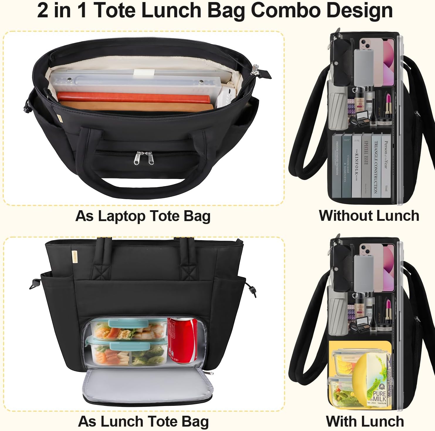 Work Laptop Tote Bag for Women with Insulated Lunch Compartment, Lightweight Puffy Lunch Tote Bag with 15.6 Inch Laptop Compartment, Quilted Laptop Bags for Office Commuter Teacher Nurse Black - Image 6