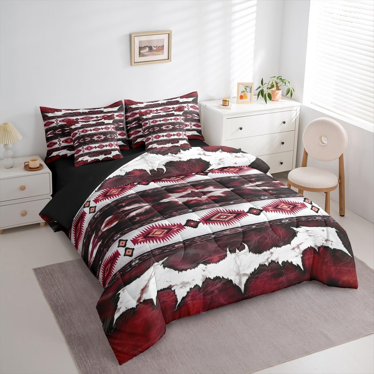 Feelyou Western Comforter Set King Size 7 Pieces Cowhide Cow Print Retro Fur Bedding Set Boho Rustic Farmhouse Bed in a Bag with Comforter, Sheets, Pillowcases, Cushion Covers Wine Quilted