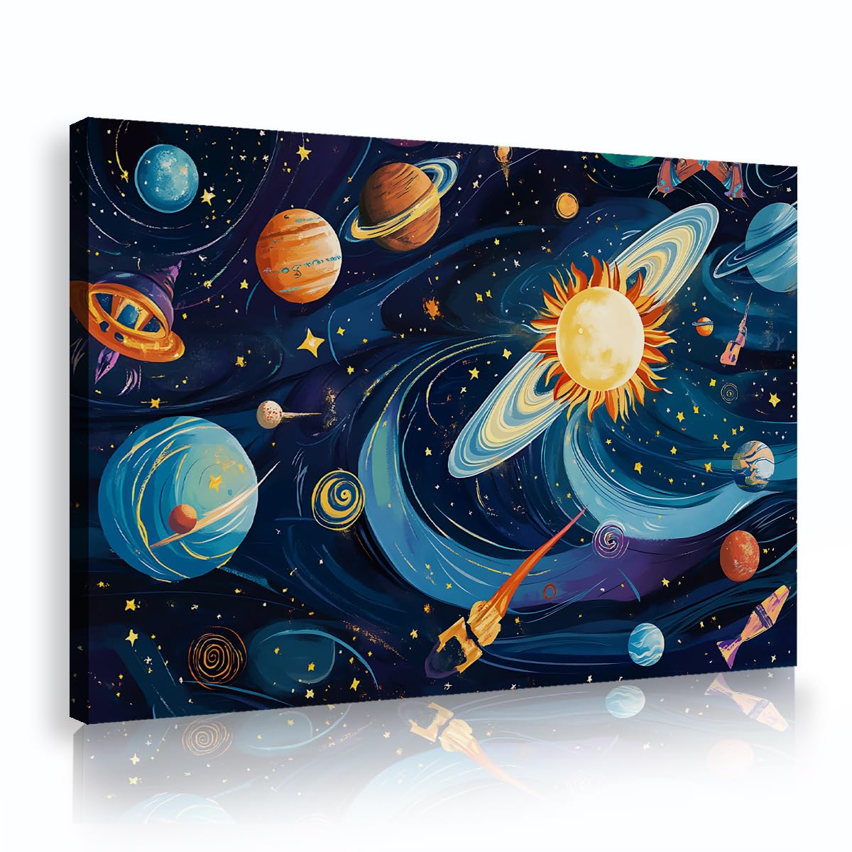 Via Vela Outer Space Galaxy Framed Canvas Pictures Boys Room Cartoon Planet Solar System Painting Cosmic Rocket Posters Whimsical Artwork for Kids Decor 70x110cm