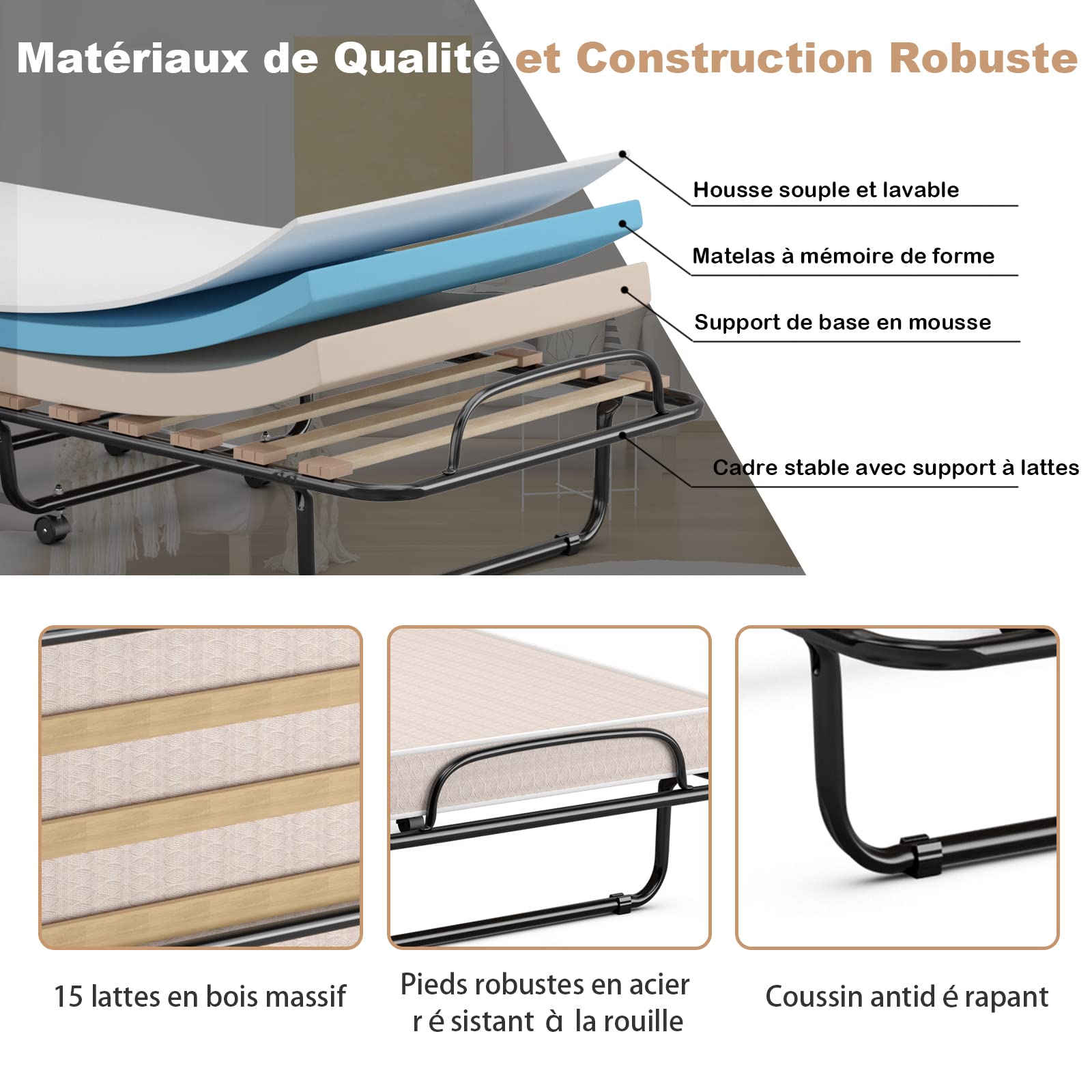 GOPLUS Lit Pliant 1 Personne 80x185CM, Lit Pliant Adulte avec Matelas en Mémoire 6,5 cm Orthopédique,Charge 136KG, Lit Pliable 1 Personne pour Invités et Othopédiques(Beige)