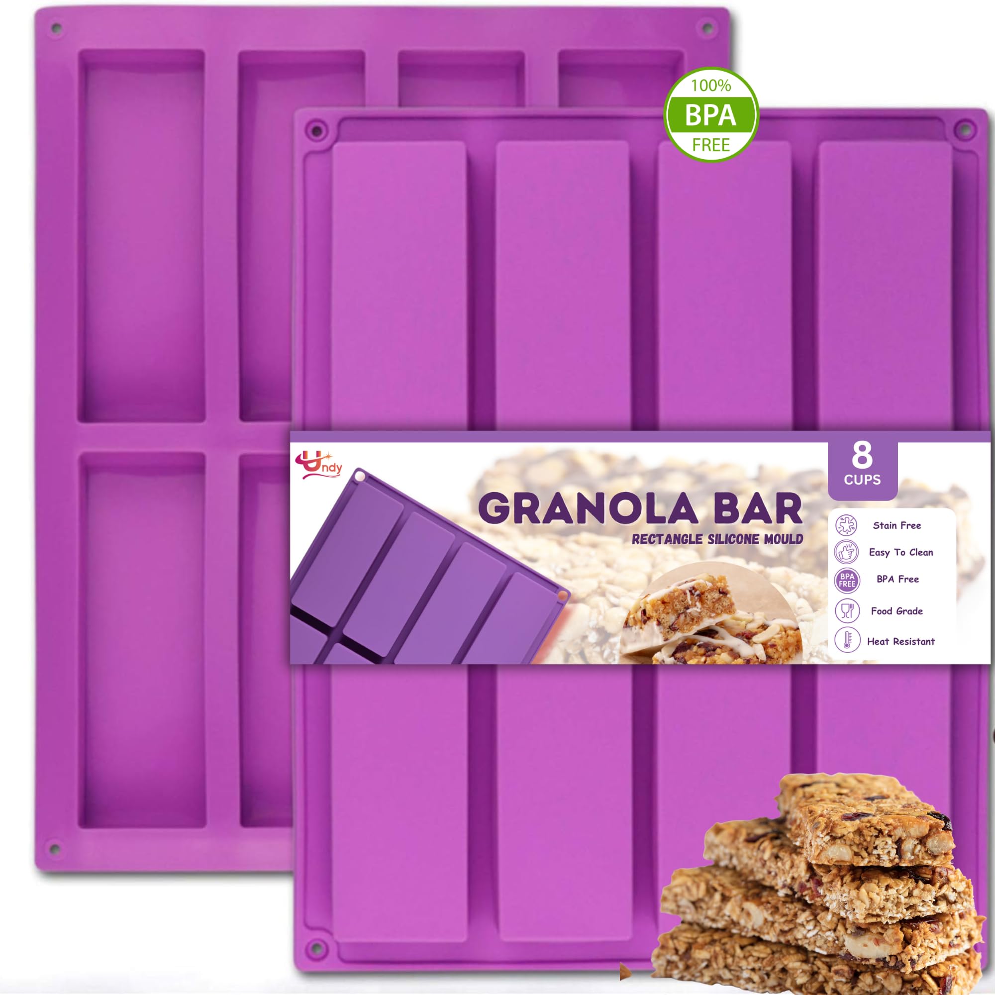 Undy 8 Cavity Mold Large Rectangle Granola Bar Silicone Protein Bar Molds Energy Bar Maker for Chocolate Truffles Bread Brownie Cheesecake Pudding Butter Mould (Pack of 1)
