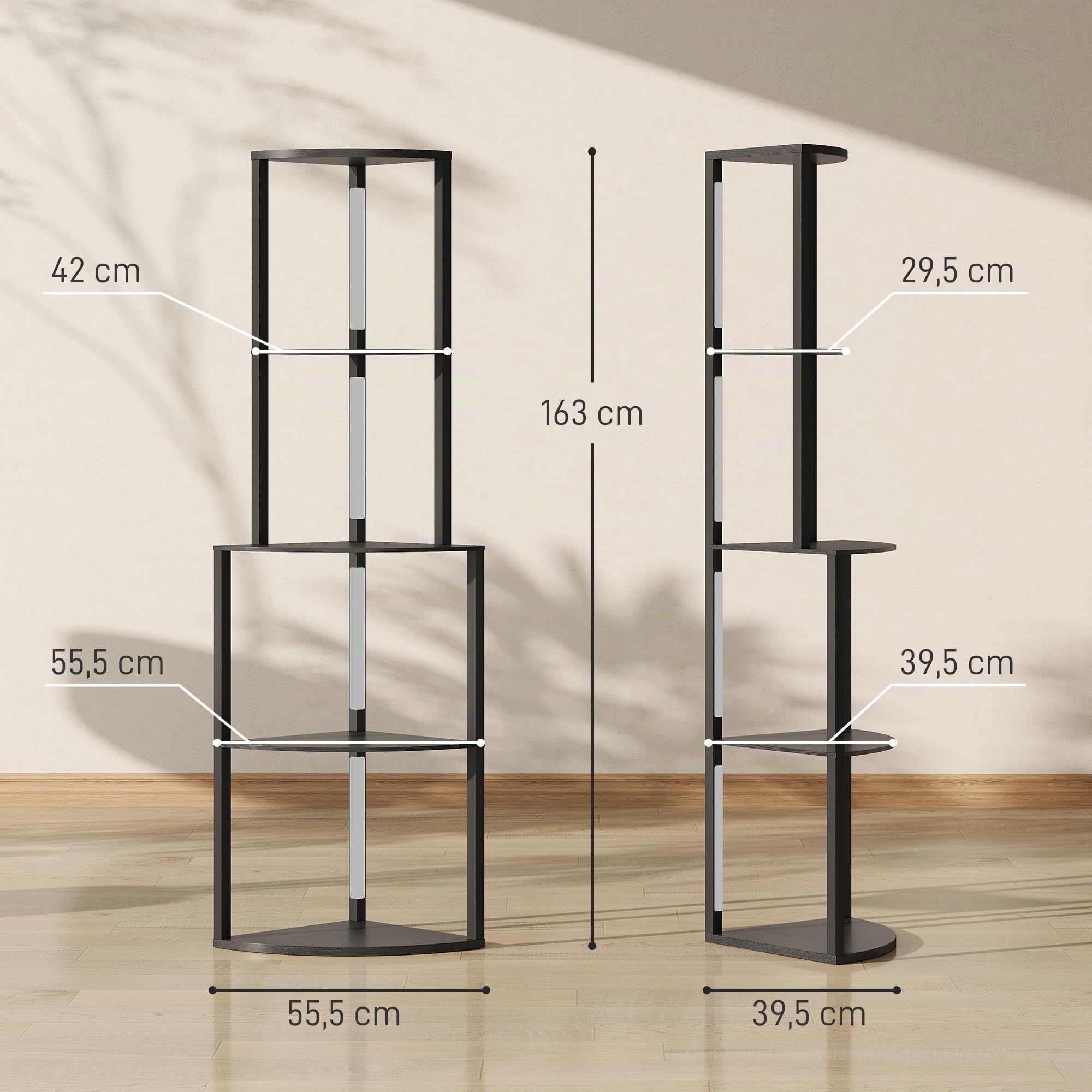 HOMCOM Lámpara de pie salón, lámpara de pie con estantes esquineros de 4 Niveles, Moderna lámpara LED, luminosidad Regulable, Interruptor de pie, para salón, Dormitorio, Oficina, Negro