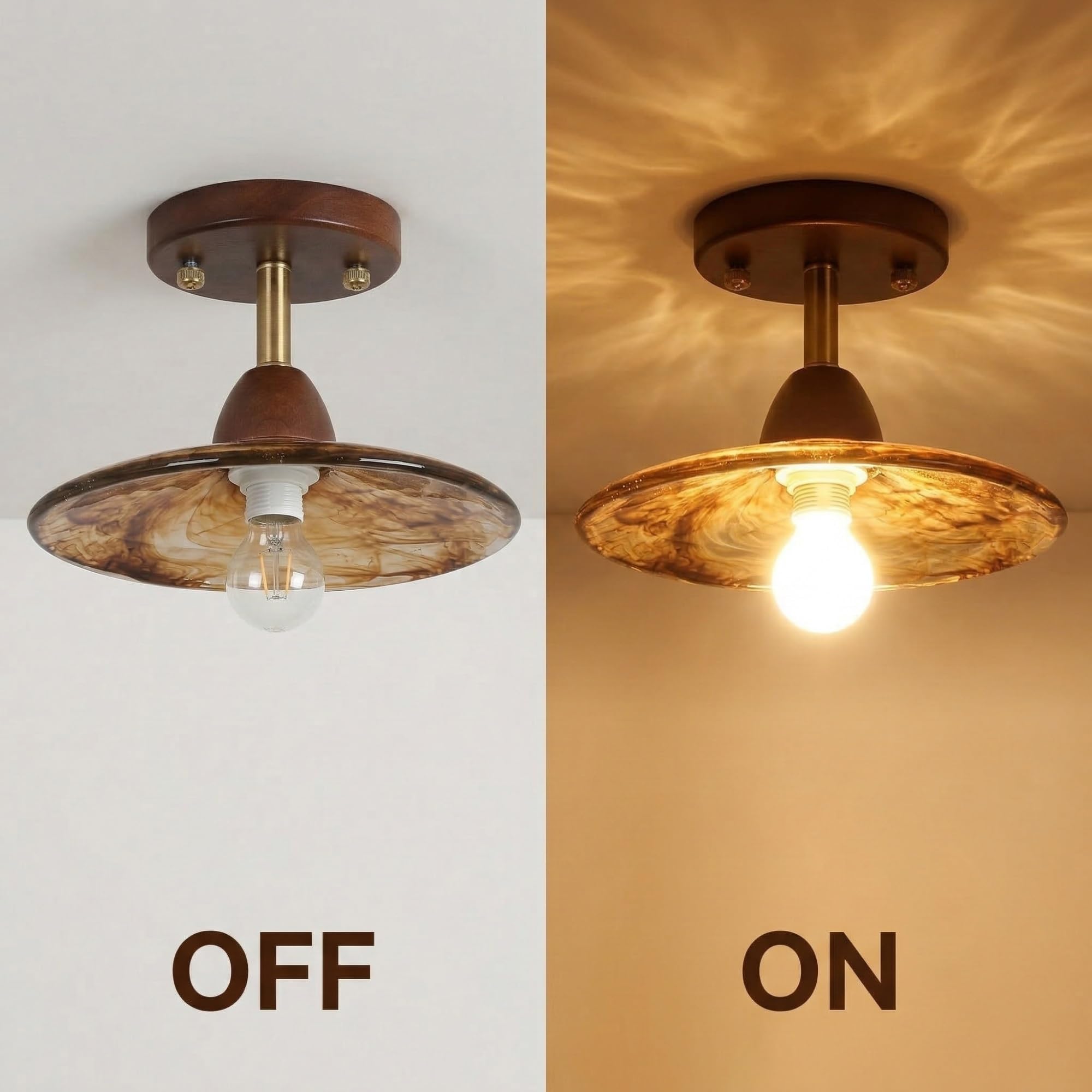 Nowoczesna drewniana lampa sufitowa z połowy wieku, wykończenie orzecha włoskiego, oprawa podtynkowa, japońska lampa szklana, półflushowa, oświetlenie vintage do przedpokoju, wejścia, werandy
