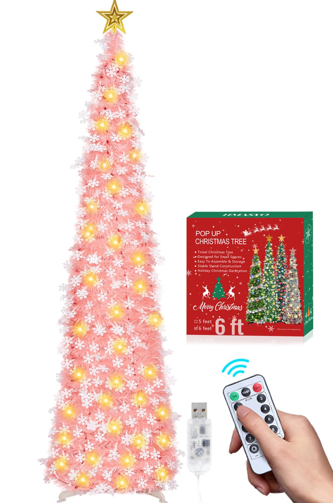 HMASYO 6 FT Pop Up Tinsel Christmas Tree with 100 LED Timer Lights & Remote, Pink Collapsible Artificial Pencil Tree with Snowflake Ornaments Xmas