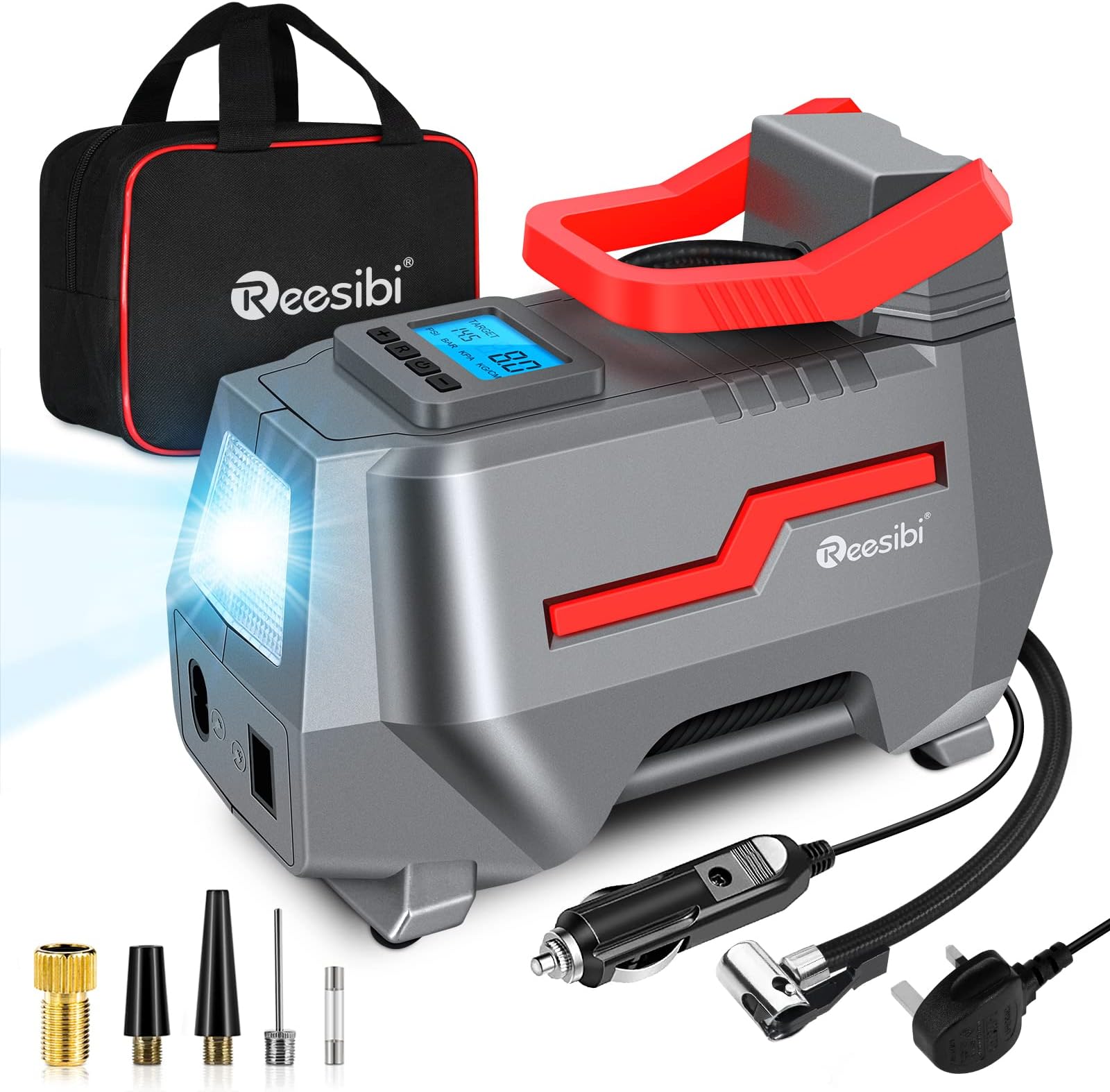 Reesibi Mains 240V Tyre Inflator Air Compressor with Digital Pressure Gauges, LED Light, Car Air Pump 12V 240V Dual Power, Max 150PSI, Includes Adaptors Toolkit