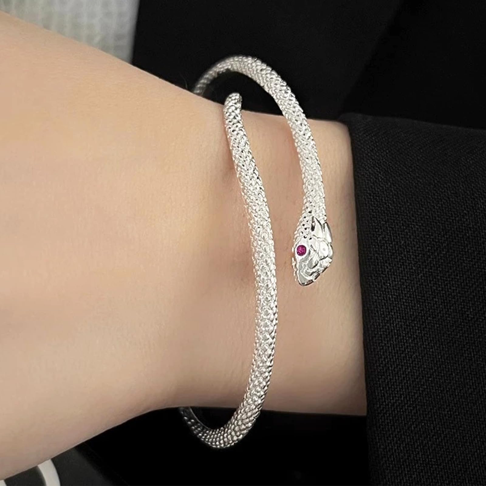 Silver Snake Open Cuff Bangle Bracelet for Women,Personality Punk Green Rhinestone Jewelry Gifts,Unique Sparkly Anniversary Bracelets