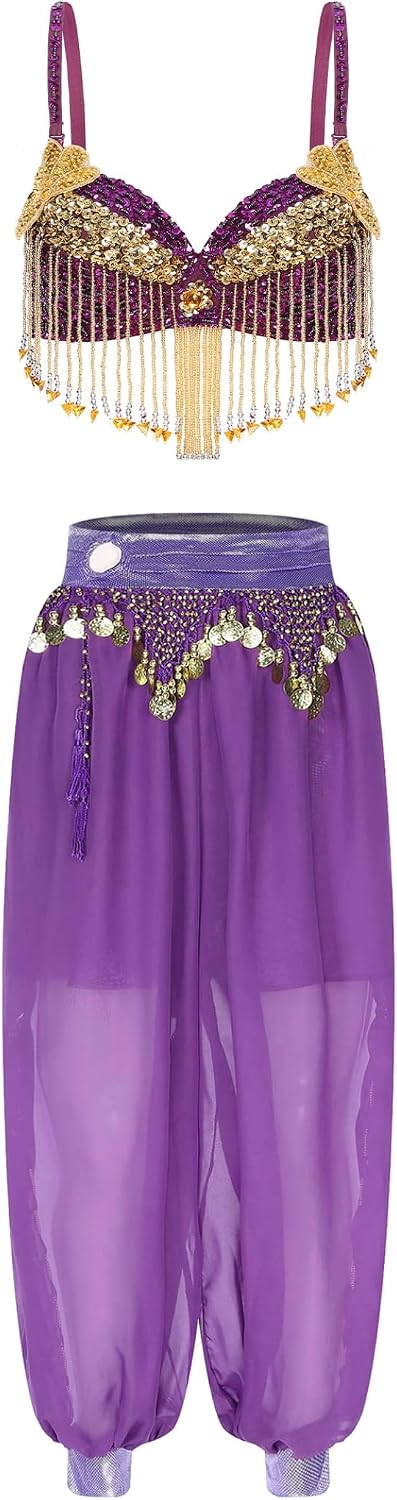 2 Pieces Belly Dance Dress for Womens Sparkly Sequins Tassels Bra Top with Side Split Pants