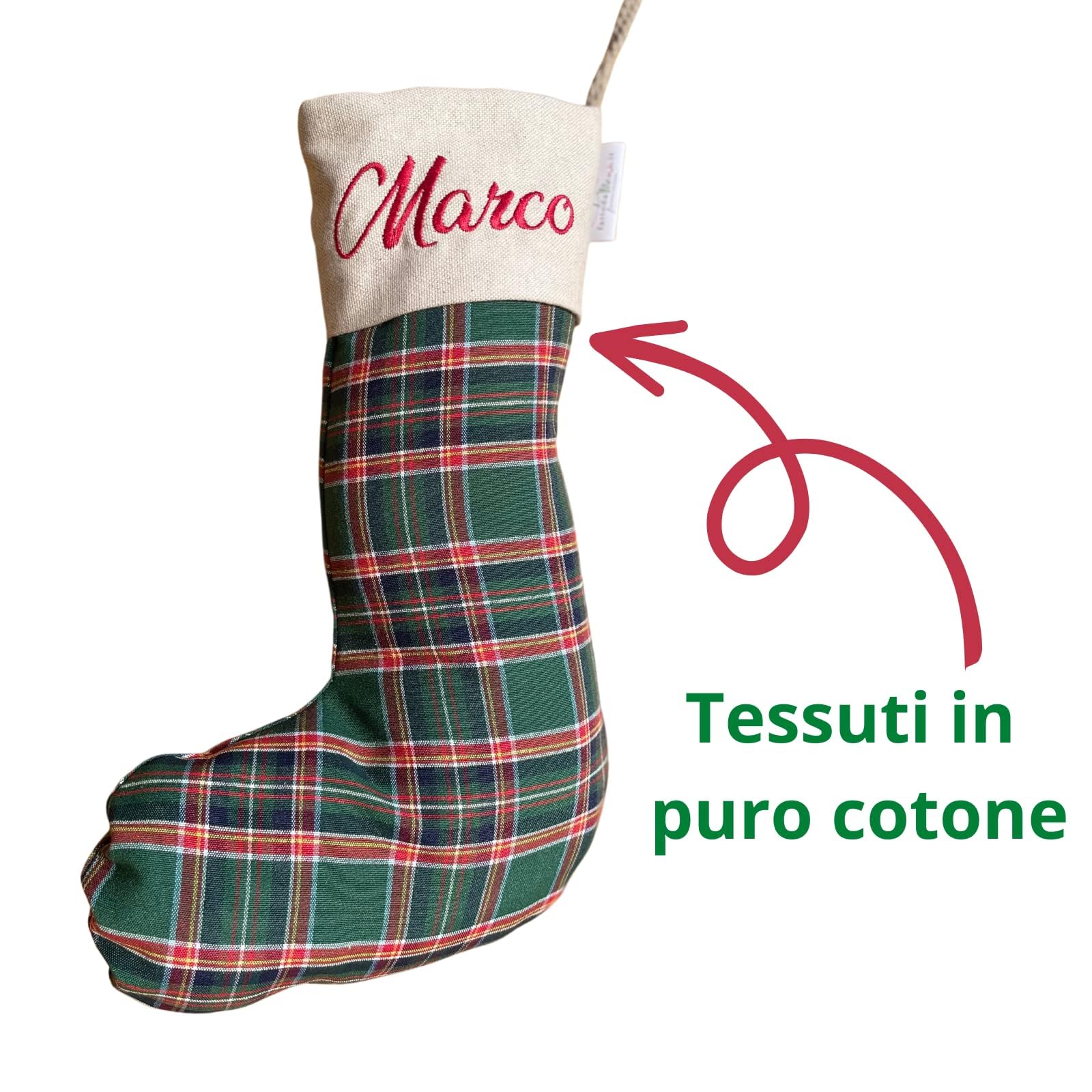 Calza Befana Personalizzata con Nome Ricamato – Calza Natalizia Artigianale in Tartan Rosso – Calza della Befana per Bambini e Adulti – Regalo Personalizzato Natale