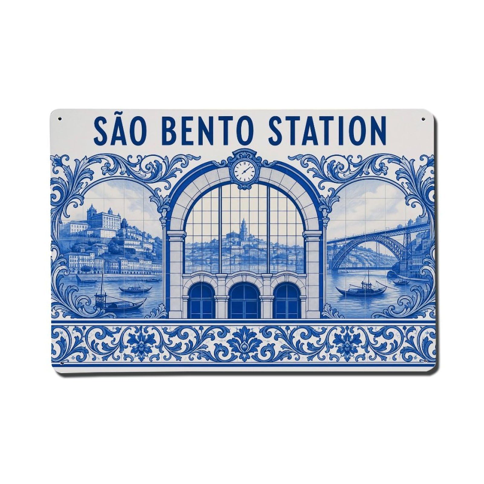 Huiyhb 8X12inch(20X30cm) Vintage Travel Sao Bento Azulejo Blue White Ceramic Metal Tin Sign