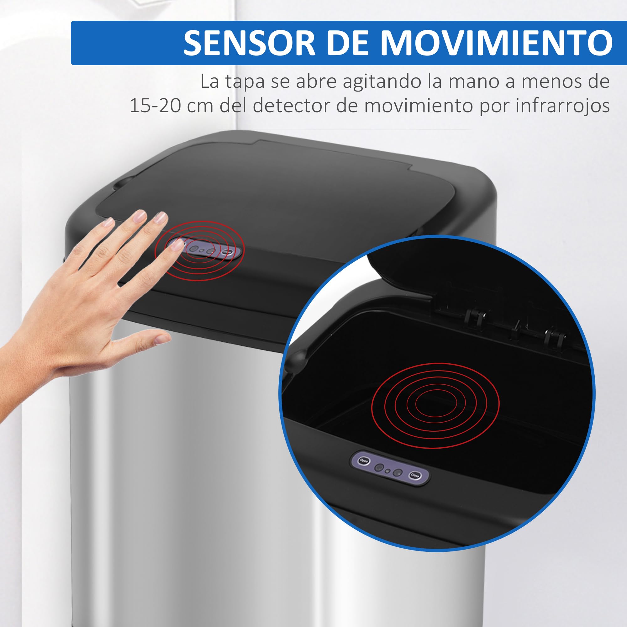 HOMCOM Cubo de Basura Automático 20L con Sensor 33x25x42,5 cm Plata y Negro | Papelera de Cocina, Acero Inoxidable, Cubo Interior Extraíble, Asa
