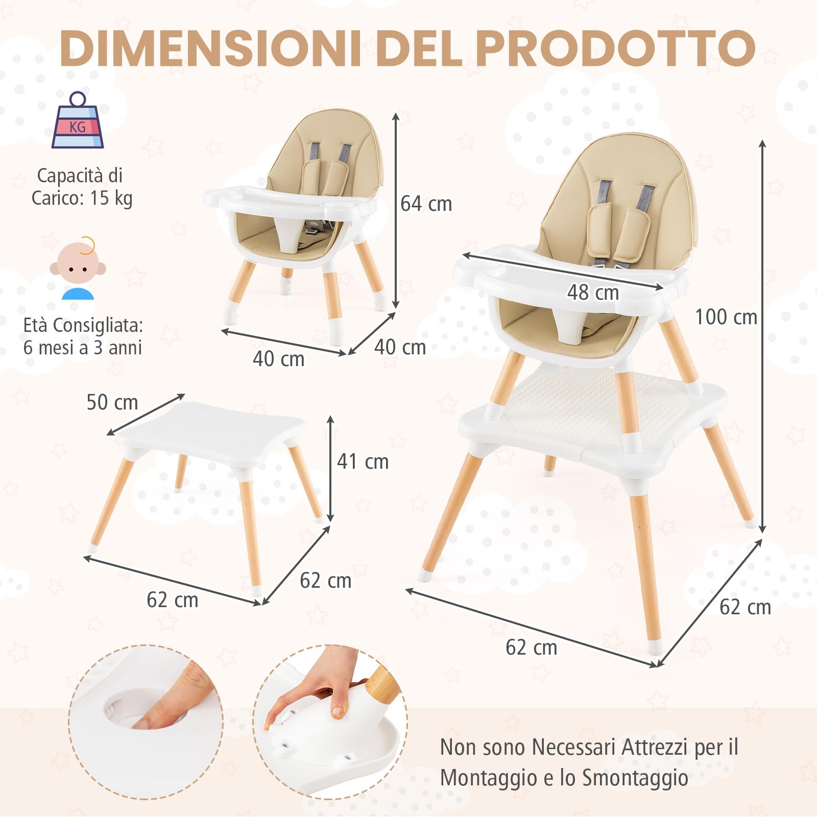 RELAX4LIFE 4 in 1 Seggiolone Pappa, Seggiolone Evolutivo con Vassoio Rimovibile e Cintura di Sicurezza, Altezza Regolabile in 4 Posizioni, per Bambini e Neonati 6-36 Mesi (Standard, Beige)