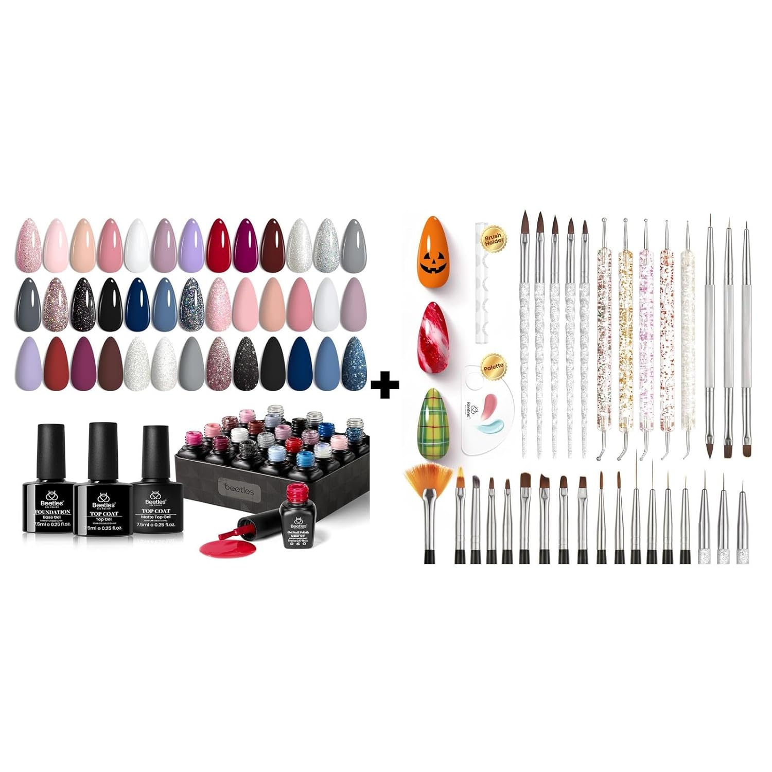 beetles Gel Polish Kit, Nude Gray Pink Blue Burgundy Glitter Set Modern Muse Collection with 31pcs Nail Art Brushes, Dotting Tools, Pens, Dust Brush, Striping Liner