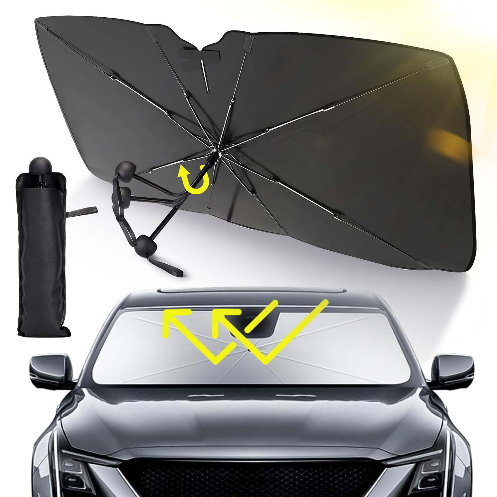 サンシェード 車 フロント 車用傘型サンシェード 厚手強力遮光遮熱 曲がるカーボン先端 UV99%カット コンパクト収納 バックミラー開き口設計 車内温度上昇防止 SUVから軽自動車まで対応 収納ポーチ付き
