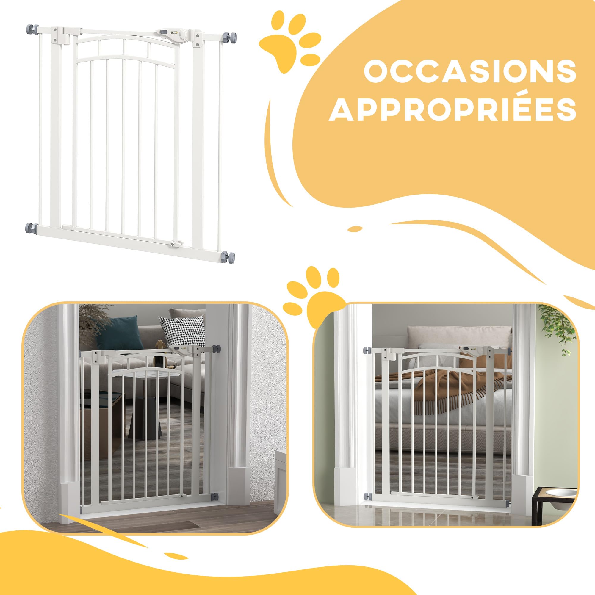 PawHut - Barrera de Seguridad para Perro Extensible (74-80 cm, Doble Cerradura, Cierre automático, Barrera de Escalera de fijación por presión sin Taladro, Altura 76 cm, Color Blanco | Doble bloqueo, cierre automático, barrera de escalera de fijación por
