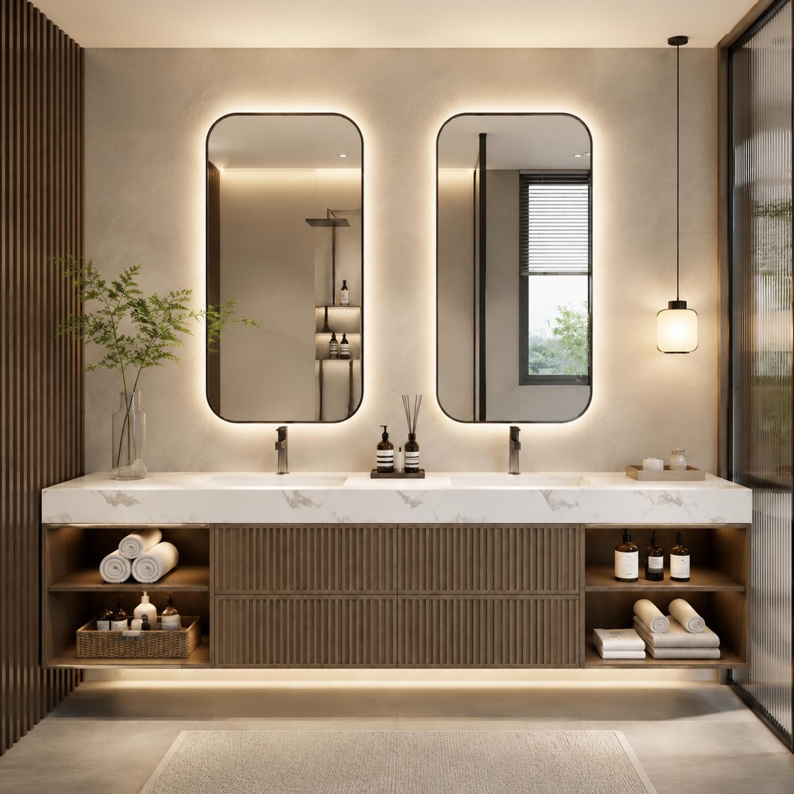 Tocador flotante de baño doble fregadero de 70 pulgadas con espejos LED antivaho | encimera sin costuras | Madera maciza impermeable | Amplio almacenamiento | Diseño personalizado para baños modernos