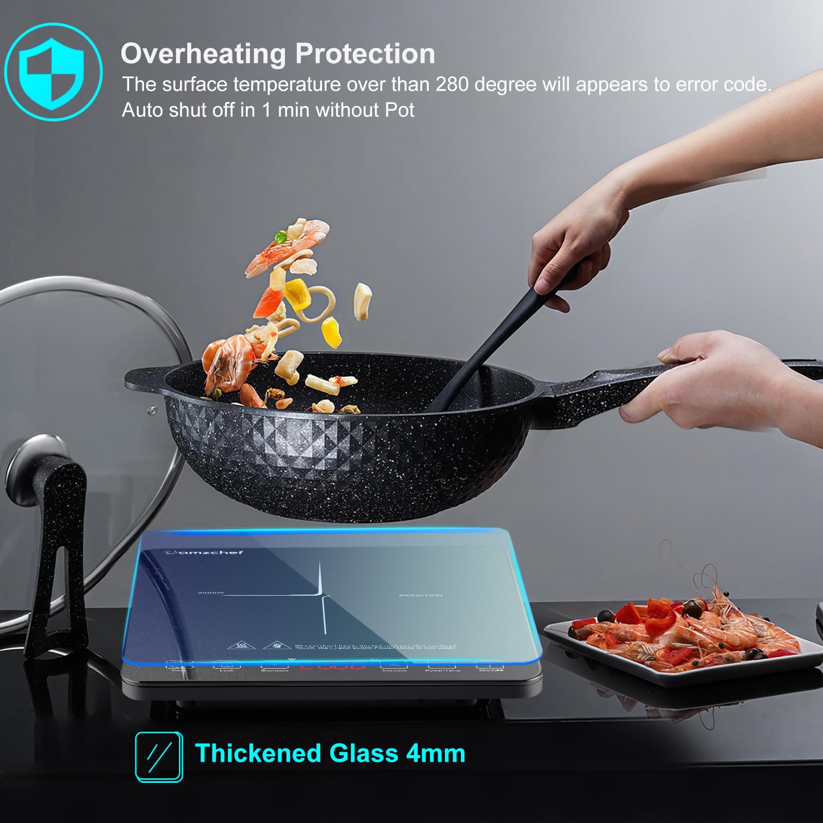 Placa Inducción Portatil AMZCHEF, placa de inducción de 2000 W con con diseño ultrafino, 20 niveles de temperatura y 20 ajustes de potencia, cronómetro de 3 horas, cerradura de seguridad, negro