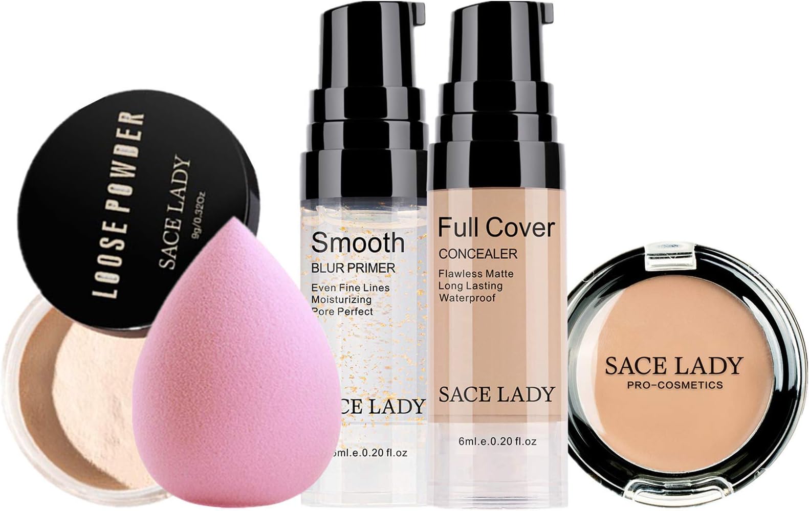 Oil-Free Face Powder & Full Coverage Foundation Concealer & Moisturizing Primer & Soft Sponge Waterproof Make Up Set Long Lasting Poreless Makeup 5Pcs