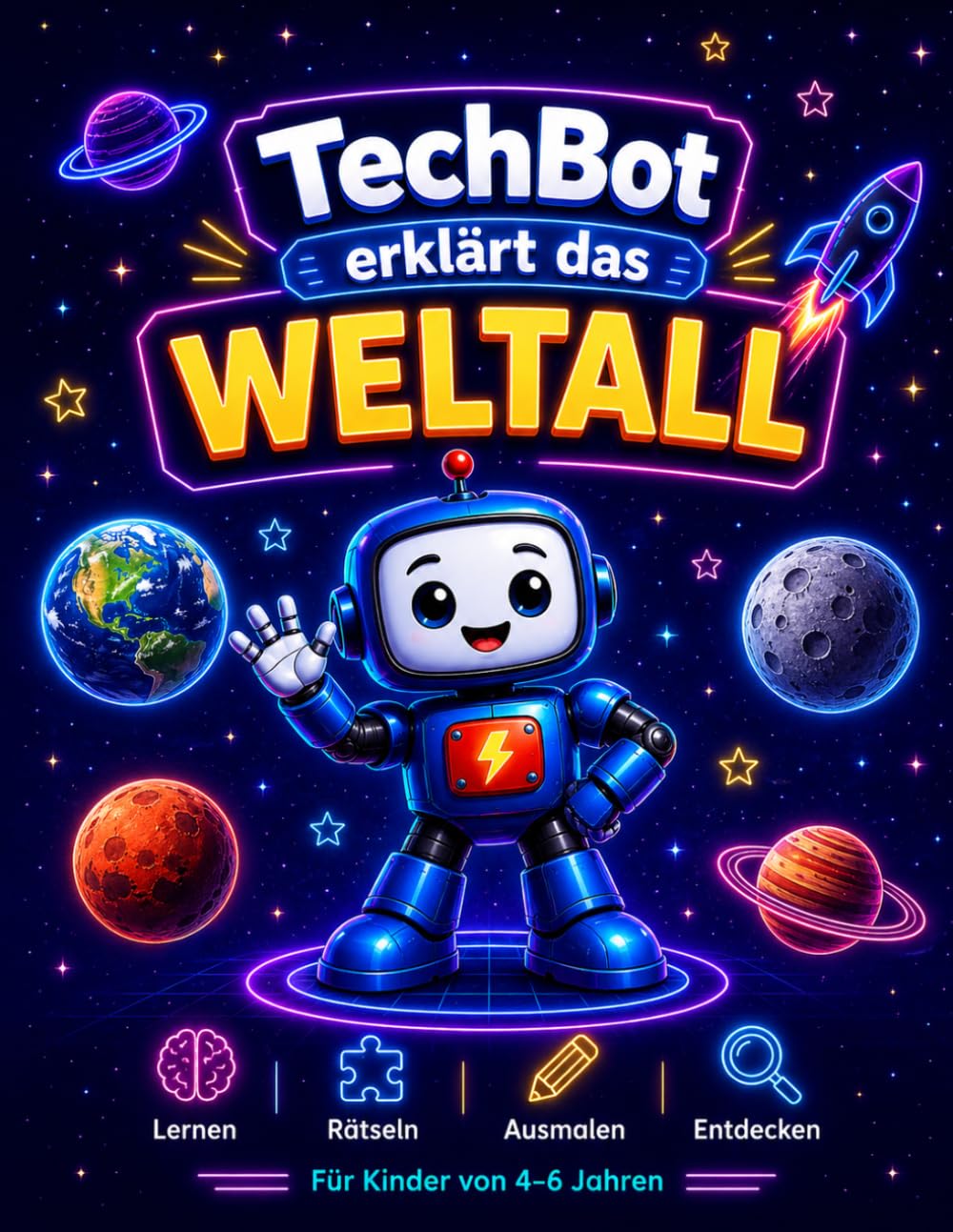 TechBot erklärt das Weltall – Lernen, Rätseln und Spaß haben: Mitmachbuch für Kinder ab 4 Jahren mit spannenden Weltraum-Fakten, Rätseln, Experimenten, Ausmalbildern und kreativen Aufgaben