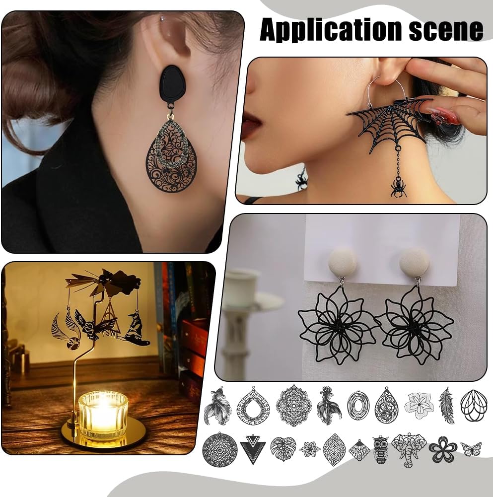 PH PandaHall 38pcs Stainless Steel Filigree Charms 19 Style 1~2 inch Black Flower Animal Leaf Pendants Filigree Metal Pendant for Steampunk Earrings Jewelry Hairpin Necklace Making, Halloween Decor - Image 2