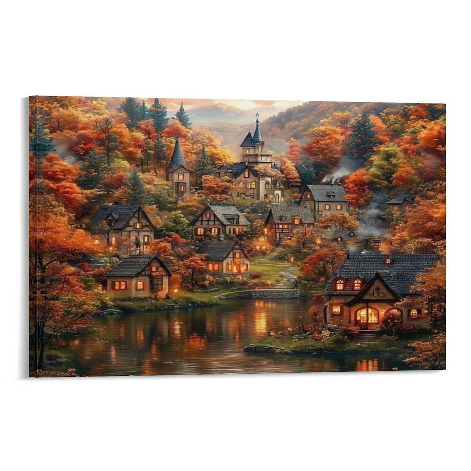 CPLVKWRQJ Autumn Village Scene Single Piece Cozy Autumn Village Painting Canvas Wall Decor - Office Canvas Print Fade Resistant Wall Focal Art Decor 20x30inch(50x75cm)