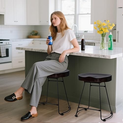 Miniatura 2 de Juego de 2 taburetes de bar modernos, sillas de comedor estilo rústico retro americano, taburete de bar corto de madera de mediados de siglo con