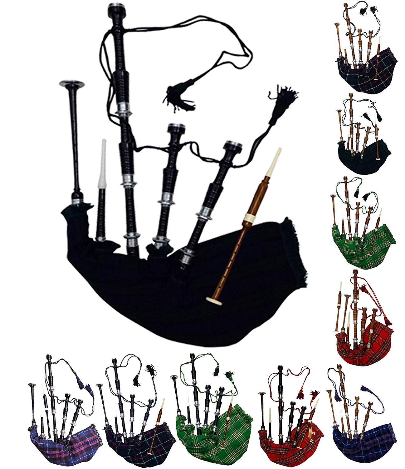 Schottischer Dudelsack in voller Größe, Palisanderholz oder braunes Finish mit silberfarbenen Halterungen, inklusive Anleitungsbuch, Tragetasche, Drohne, Schilfrohr (schwarz, schwarz)