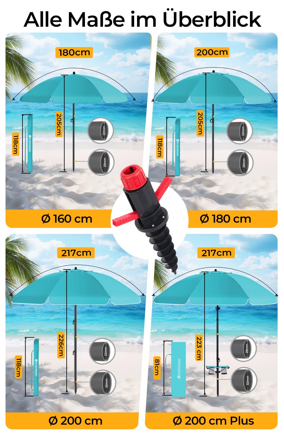 HOMEDEMO Sonnenschirm Strandschirm mit Bodenhülse, Gartenschirm Marktschirm, Terrassenschirm mit Schutzhülle, rund Sonnenschutzschirm UV50+ Schutz
