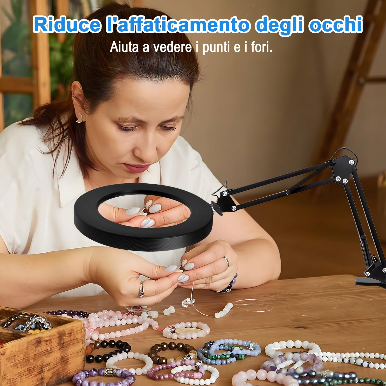 Lupa con Luz y Soporte, 10X Lupa LED con Lente de Vidrio, Lámpara Lupa con Pinza de Mesa, 3 Modos de Color 10 Niveles de Brillo, para Reparaciones, Lectura, Manualidades, Diamond Painting