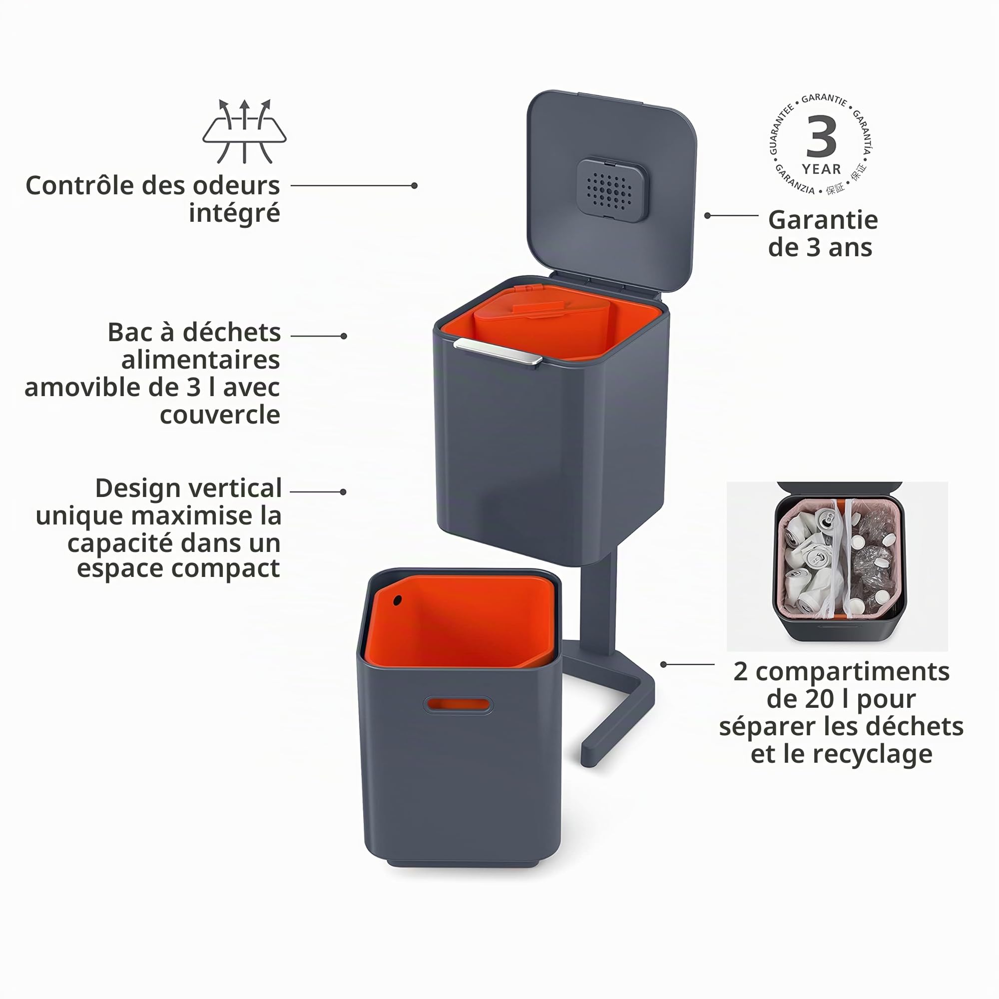 Joseph Joseph Totem Poubelle de cuisine 40L tri recyclage avec bac à compost filtre charbon actif Graphite