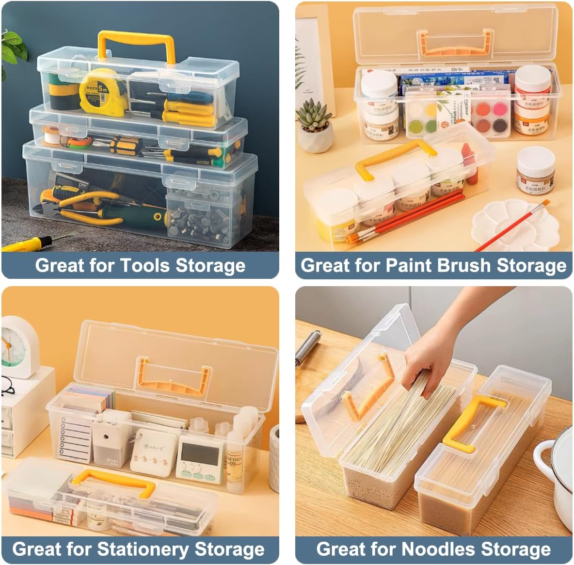 Portable Plastic Container with Handle, Extra Long Paint Brush Storage Box Art Craft Sewing Storage Box with Latching Lid for Paint Brush, Tools, Ruler, Sewing Crafts (Yellow, 14.1'' x 4.3'' x 4.7'')