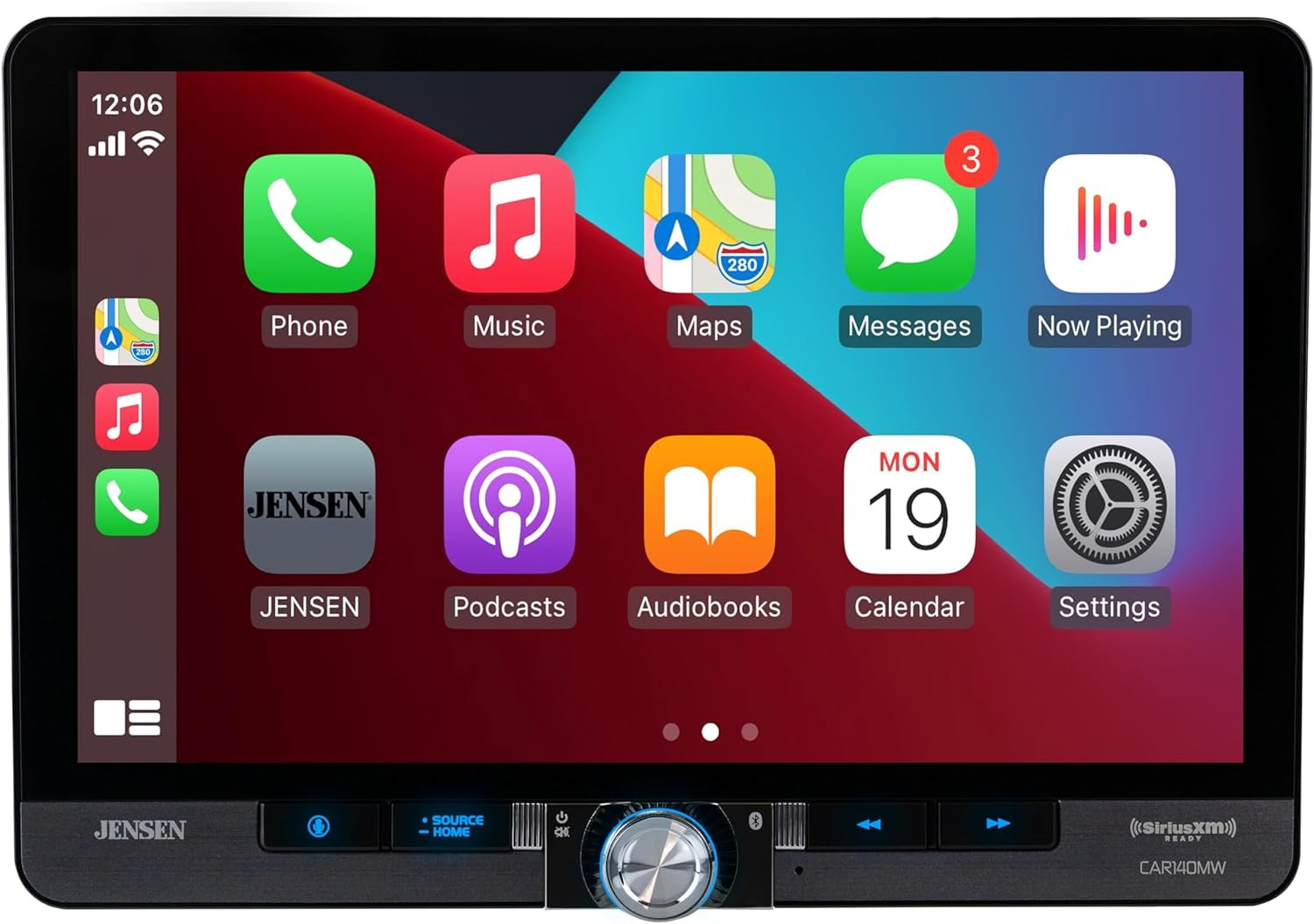 Jensen CAR140MW display showing Apple CarPlay interface