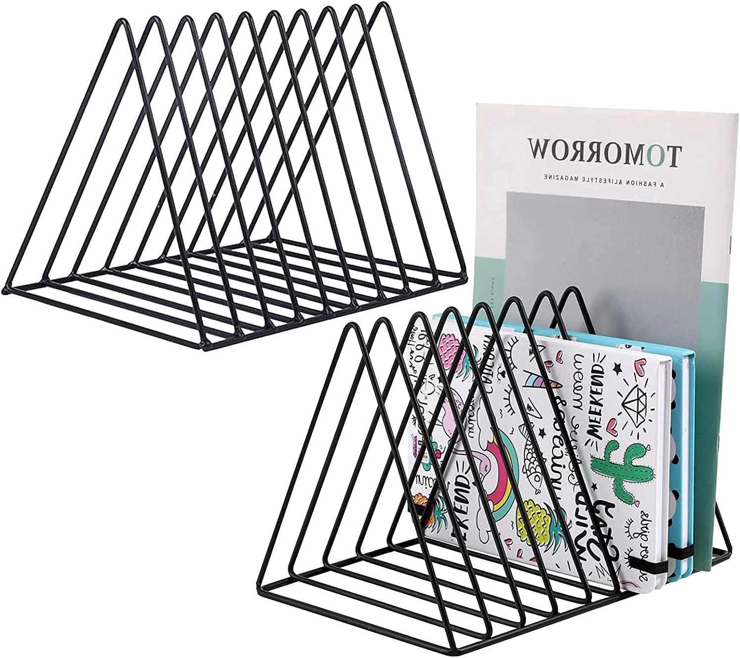 Tomovely Triangle Desk File Organizer Metal Magazine Rack 7 Section Magazine File holder for Desk Record stand Gold Desk Organizer Magazine Storage For Home (2 Pack) (Black)