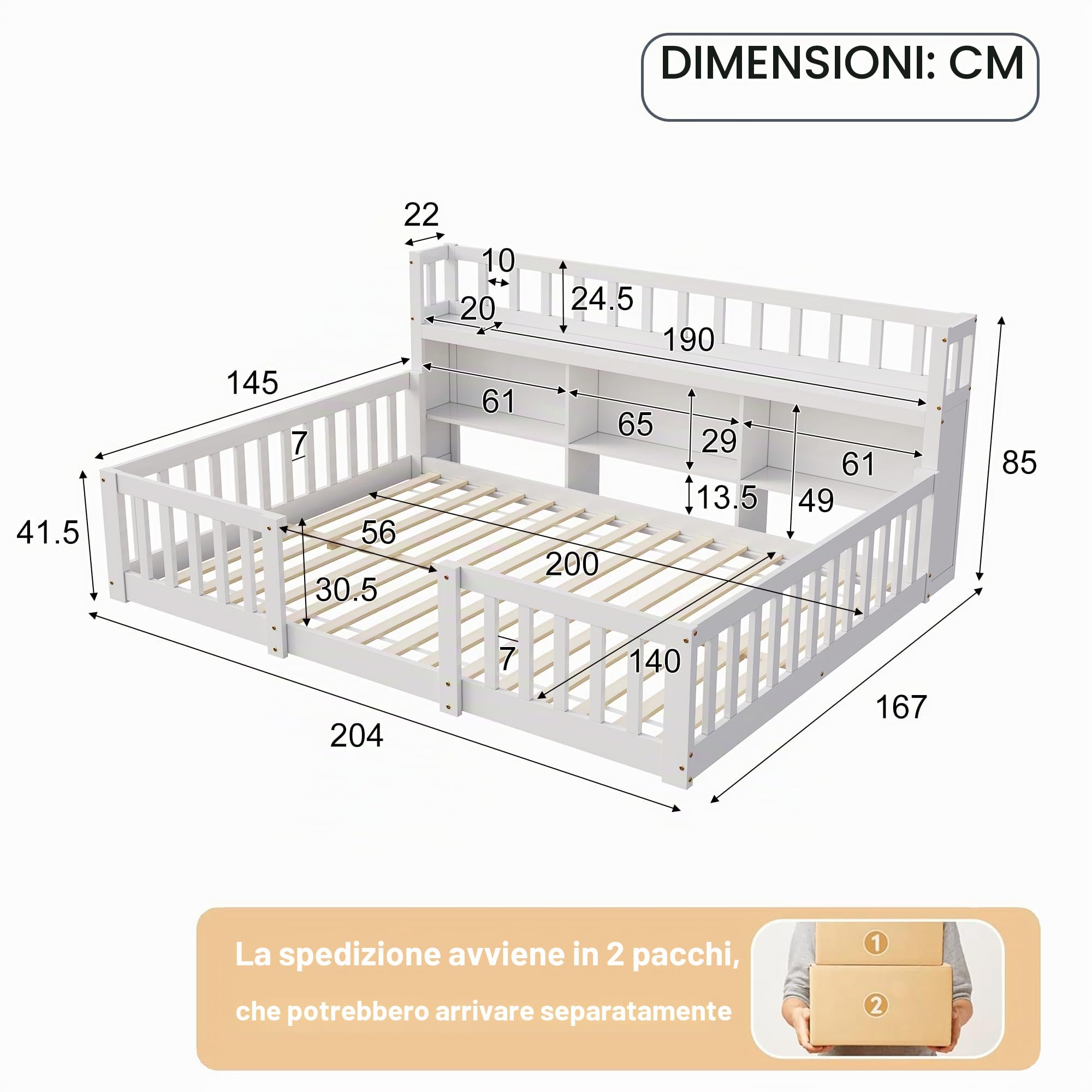 Letto a terra 140x200 con protezione anticaduta e rete a doghe, letto per bambini in legno 140x200 con vano portaoggetti, letto Montessori per bambini, letto matrimoniale letto per ragazzi