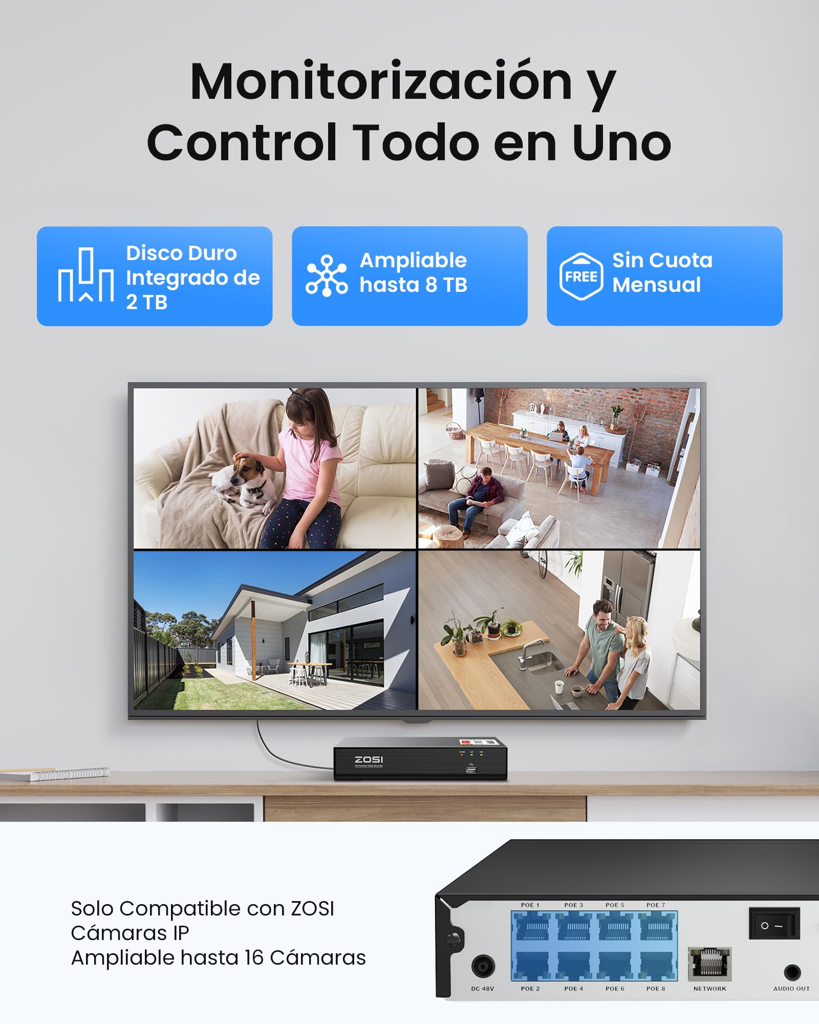 ZOSI C220 4K 8MP Kit Cámara de Vigilancia Exterior PoE, 8CH Grabador NVR Ampliable a 16CH, Detección de Persona/Vehículo, Visión Nocturna Clara, 2TB HDD para Grabación 24/7