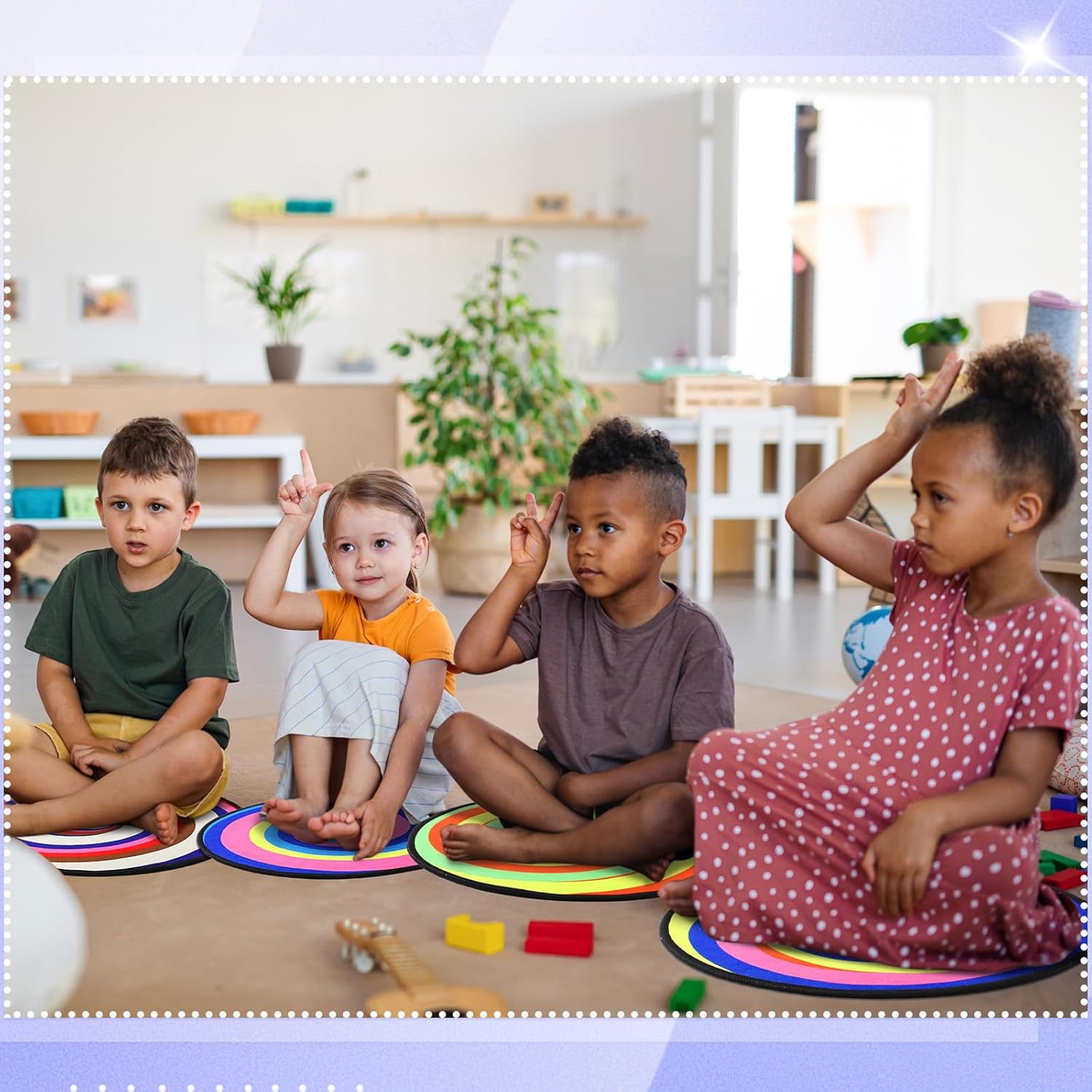 Duraaamo 12 Pcs Rainbow Crazy Carpet Circle Seats, 16" Round Classroom Rugs for Kids, Soft Coral Fleece, Colorful, Unisex, Classic Style
