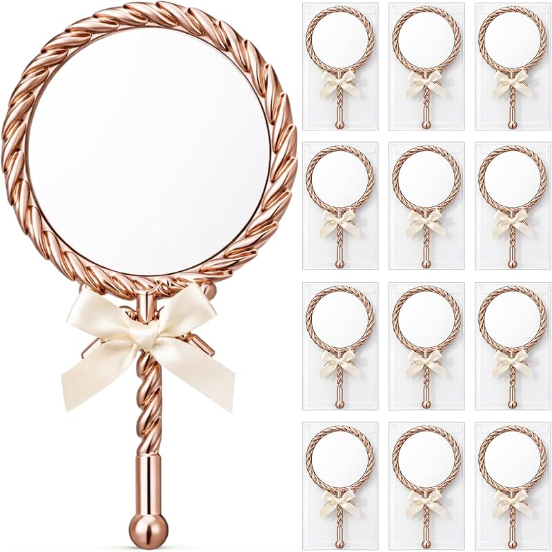 Teecyhooo Espelhos de Mão Vintage com Alça Rose Gold, Pacote com 12, Caixas de PVC e Laços Bege