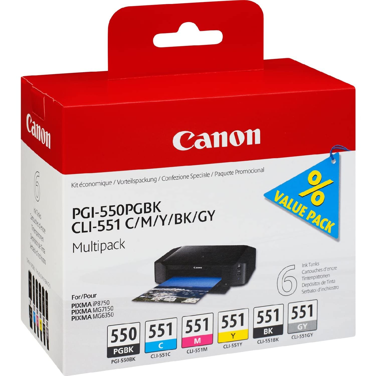 Canon PGI-550/CLI-551 PGBK/C/M/Y/BK/GY, Serbatoi Inchiostro, Multipack