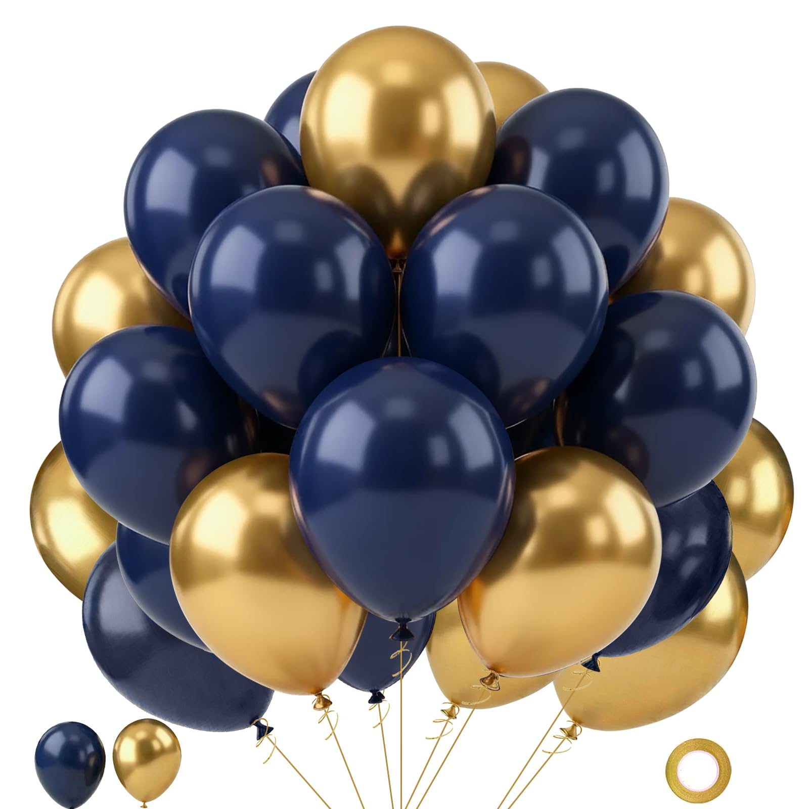 Navy Blue and Gold Balloons, 65pcs 12inch Blue and Gold balloons for Anniversary Wedding New Year Birthday Party Graduation Decorations.