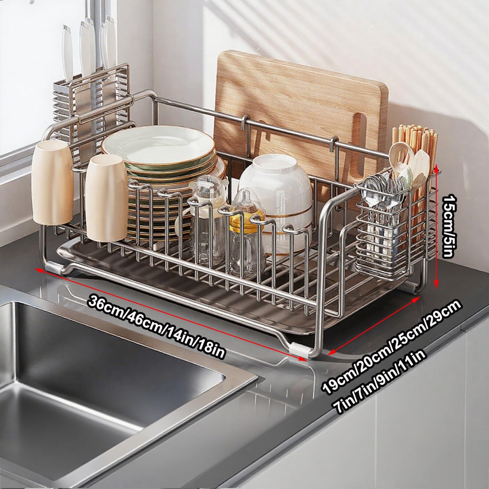 Ausziehbarer Geschirrkorb aus Edelstahl 304 mit Abtropfschale, Gunmetal-Grau, 46 x 19 cm (18 x 7 Zoll) – Platzsparender Küchenorganizer für die Aufbewahrung und das Trocknen auf der Arbeitsf