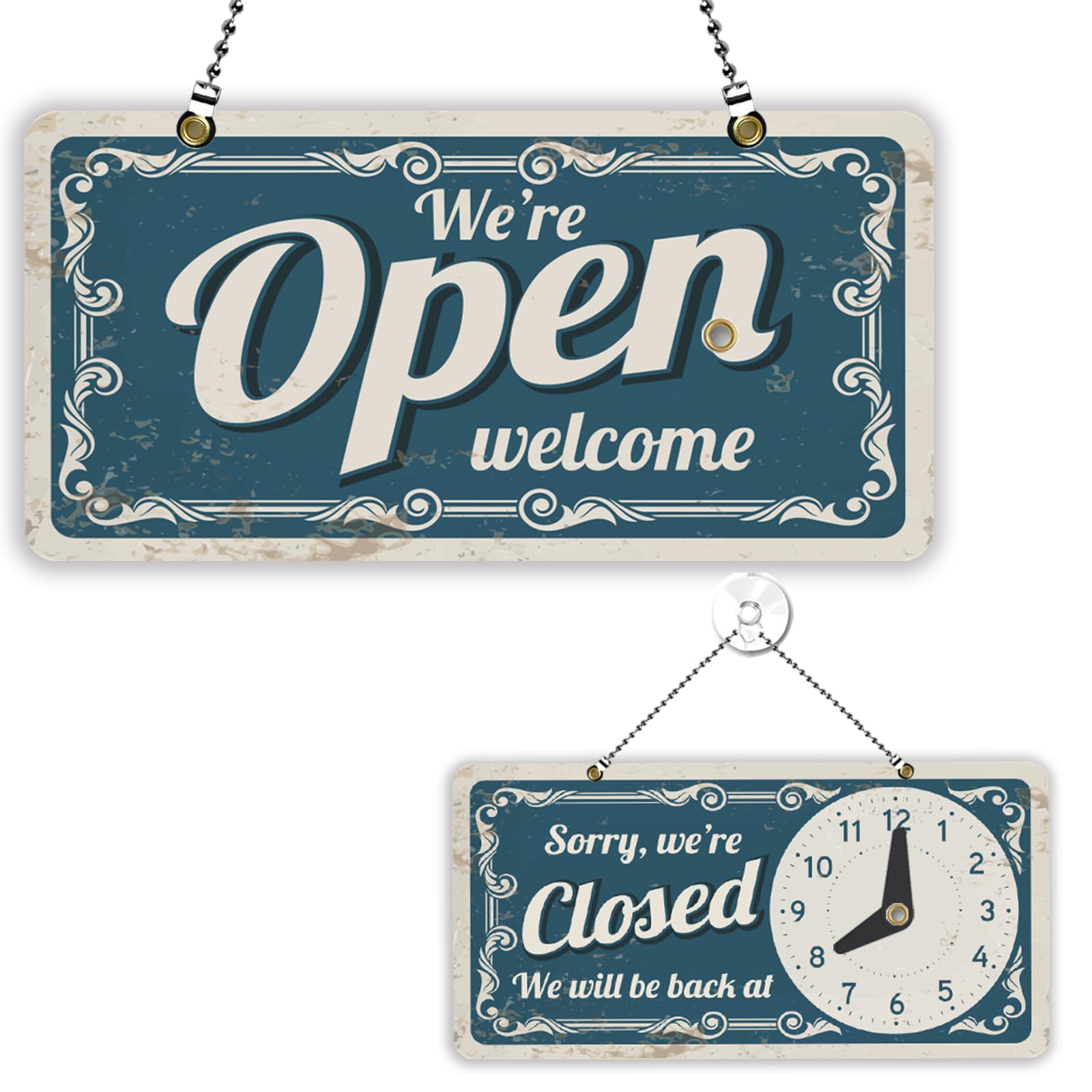 PLIGREAT Vintage Decorative Pattern Open Closed Sign with Clock Welcome Please Come In Sorry We Missed You Signs for Business Retail Store Wall Decor Hanging Door Signs Double Sided with Chain, Blue