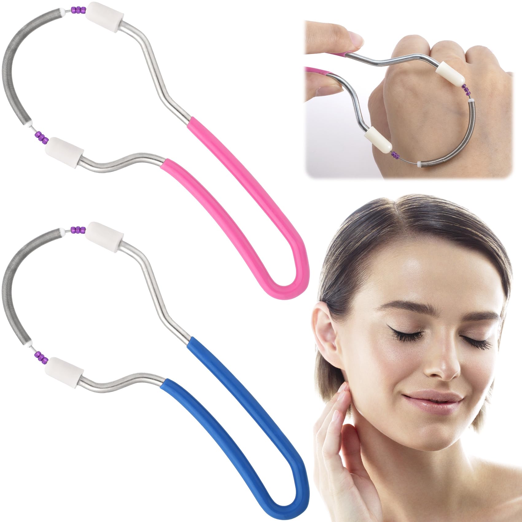 2pcs Manual Facial Hair Remover Portable Stainless Steel Spring Epilator with Bead Mild Facial Threading Hair Remover for