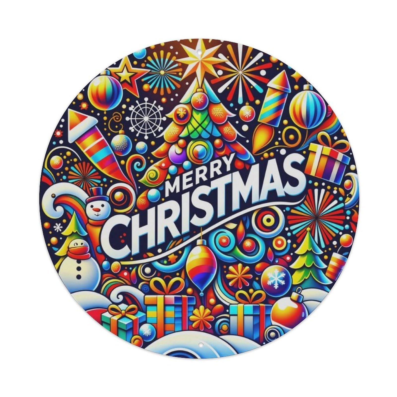 Colorful Christmas Cartoon Holiday Round Decor Sign Vintage Aluminium Metal Sign, Retro Wall Decor for Home, Bar, Garage & Farmhouse 20x20cm
