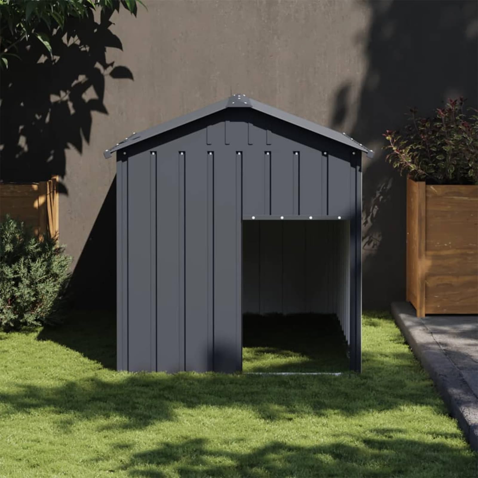 Homgoday Cuccia per Cani con Tetto in Acciaio Zincato, Recinto per Animali Domestici con Ingresso, Resistente alle Intemperie, Colore Antracite, Dimensioni Esterne 117x153x123 cm